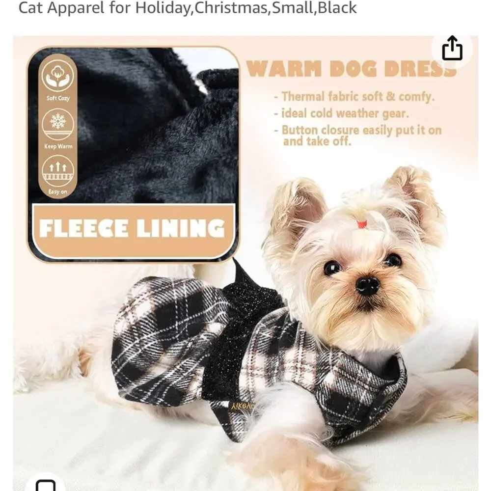 Yikeyo Black Plaid Dog Dress with Bling Bow Small Soft Warm Size Small